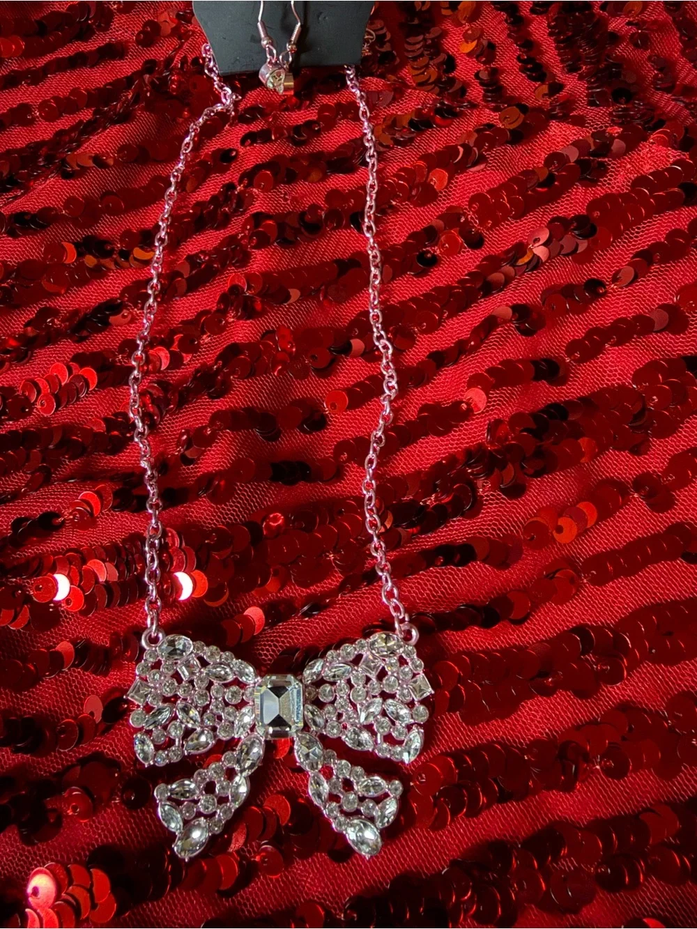 Crystal Bow Pendant Necklace - pink metal